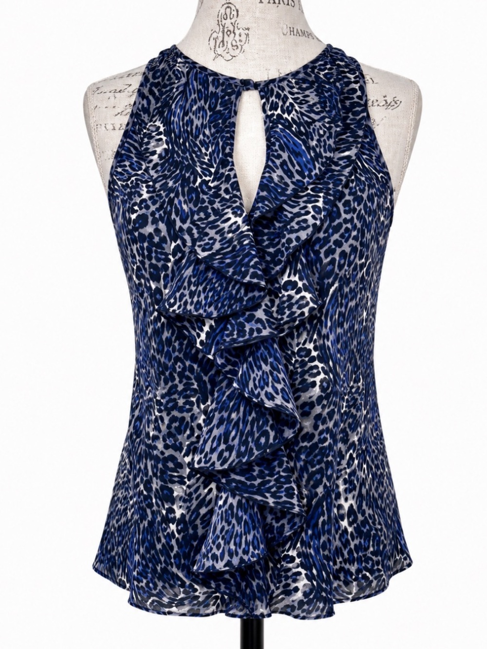 Parker 100% Silk Blue Animal Print Cascade Ruffle Sleeveless Blouse Medium NWOT!